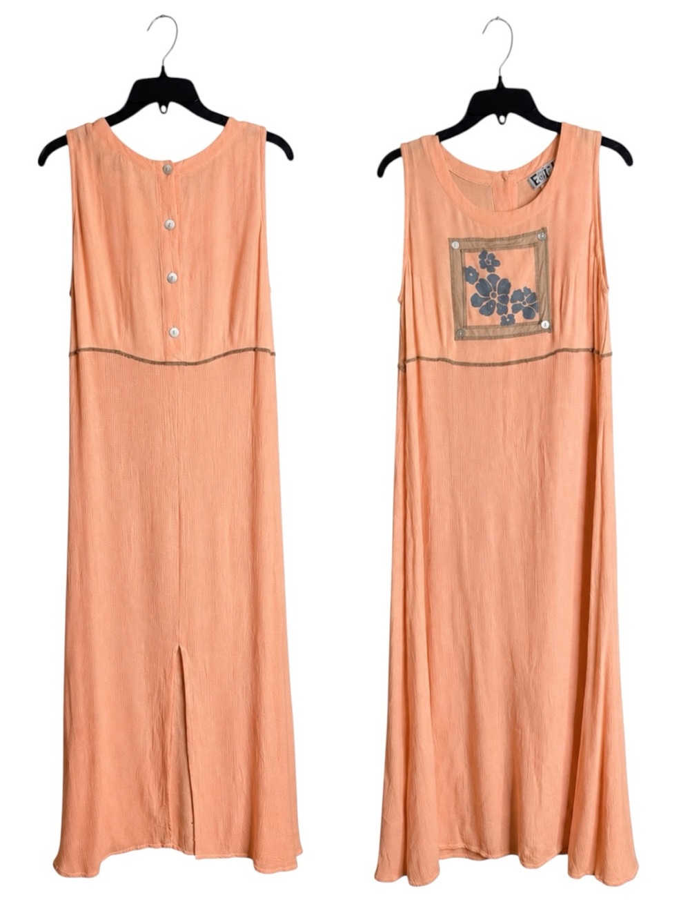 Vintage 90s Faith Peach Rayon Maxi Dress Floral Appliqué Boho M